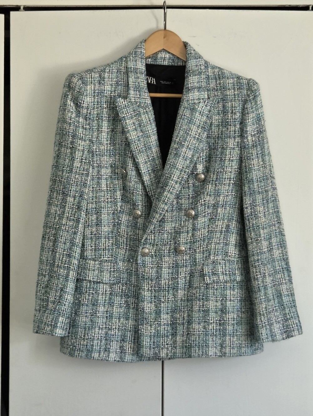 Zara Double-Breasted Tweed Blazer in Teal and Cream Mix